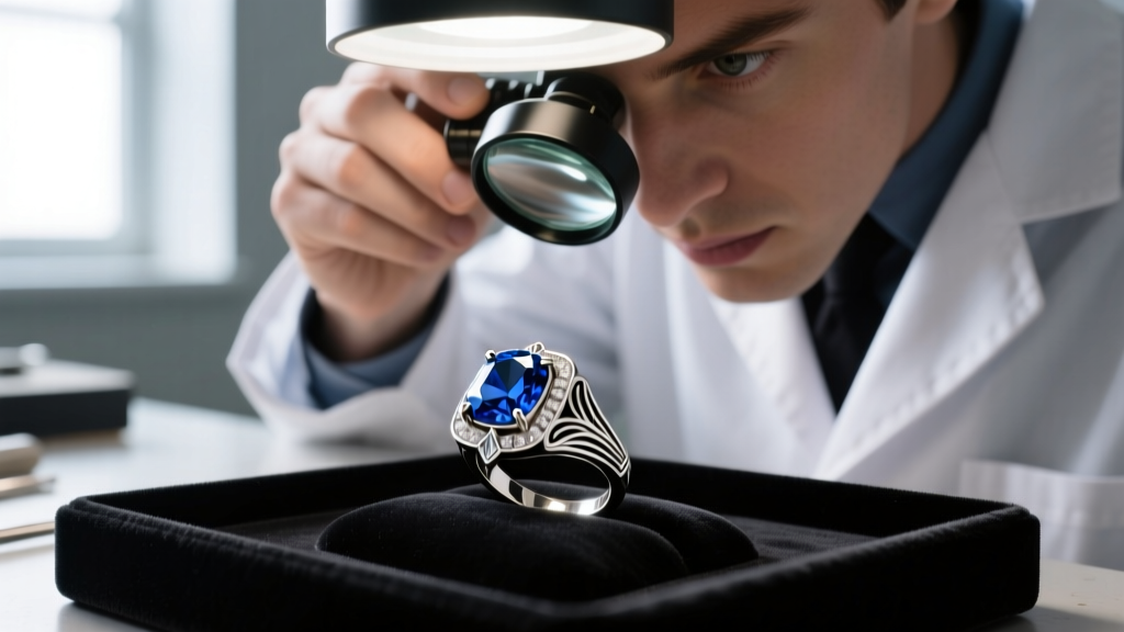 Jeweler using a 10x loupe to inspect an art deco sapphire ring for foil-backing and prong fatigue under bright bench lighting.