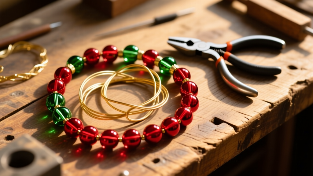 Top-down flat lay of red and green glass Christmas beads, gold wire, and pliers on a rustic wooden workbench under warm lighting