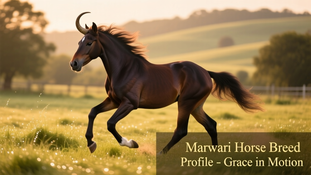 Dark bay Marwari colt cantering freely in a grassy paddock, showcasing fluid movement and muscular definition