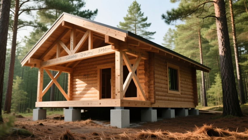 Timber frame small cabin under construction with exposed roof trusses on concrete pier blocks surrounded by pine trees