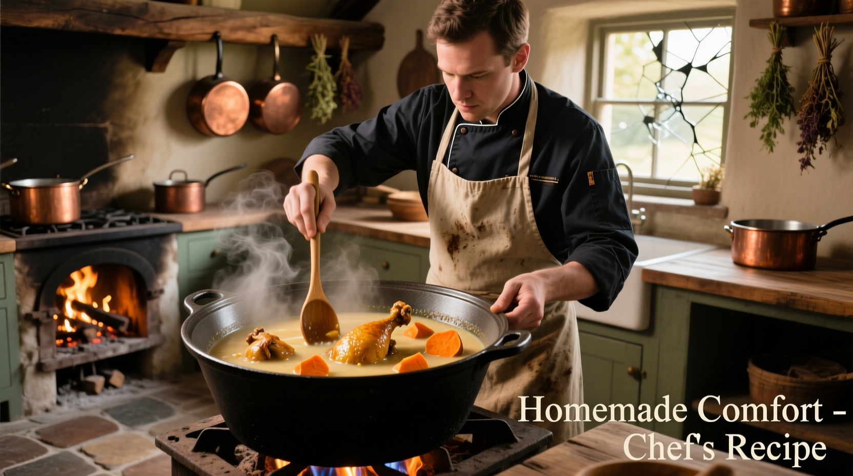 Chef preparing chicken and sweet potato soup in cast iron pot