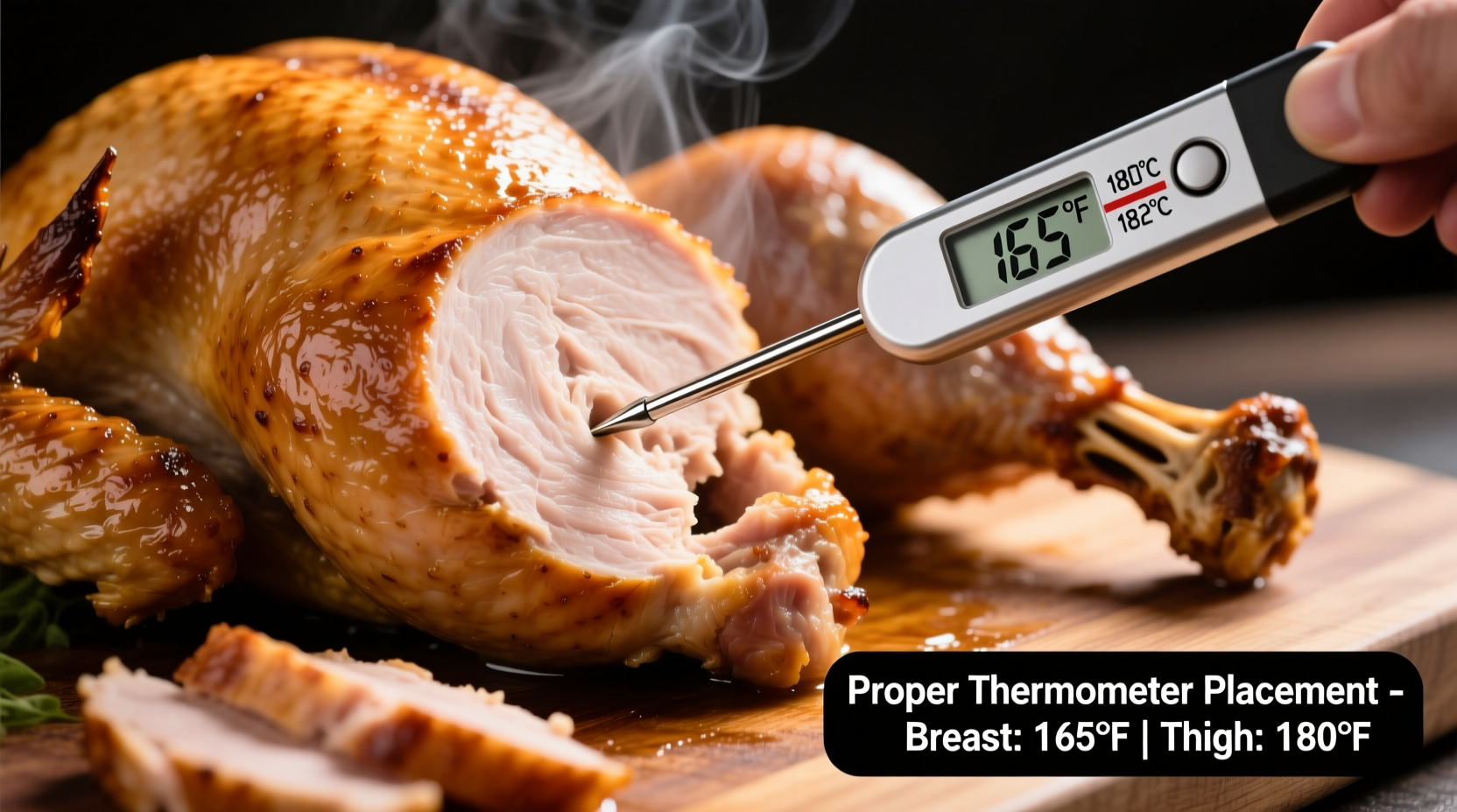 Proper thermometer placement in cooked turkey breast and thigh