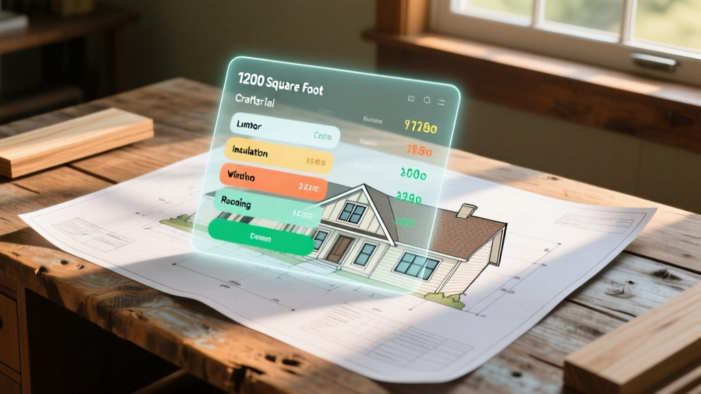 Blueprint of a 1200 square foot craftsman house overlaid with a digital cost calculator showing material pricing on a wooden desk