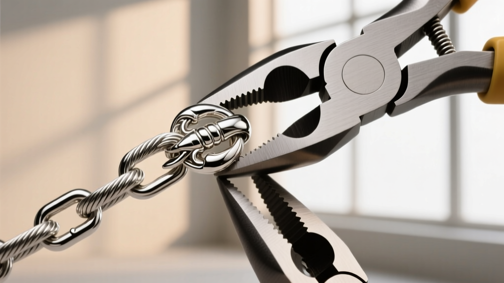 Macro shot of a 925 sterling silver lobster clasp being attached to a 20-gauge steel cable chain using flat-nose jewelry pliers