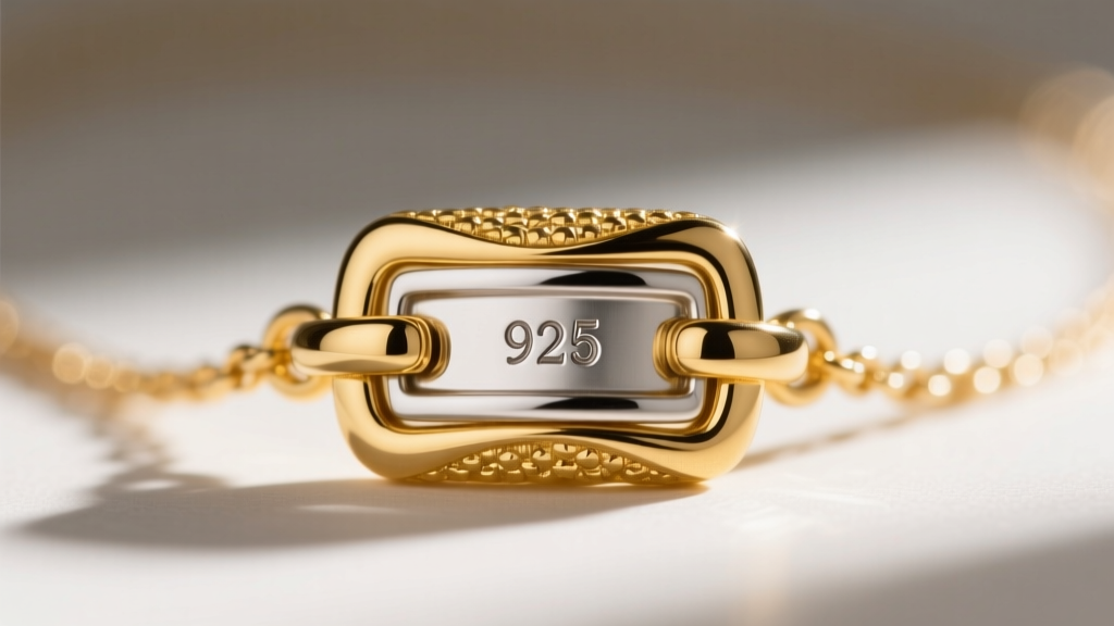 Macro shot of a gold vermeil necklace clasp revealing a tiny 925 sterling silver stamp, indicating gold plating over silver.