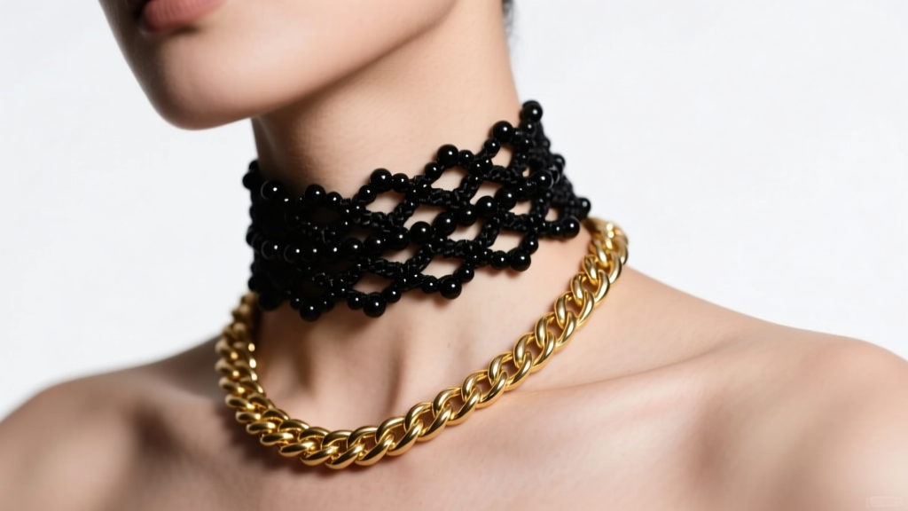 Fashion model wearing a black crochet bead choker layered with a thick 14k gold rope chain under soft, diffused studio lighting