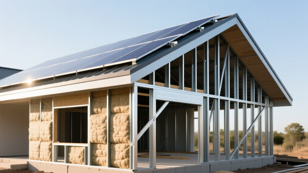 Modern eco-friendly home construction site showing light gauge steel framing being assembled with solar panels and recycled insulation