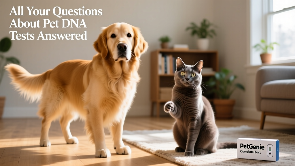 Side-by-side comparison: a golden retriever and a domestic shorthair cat, both looking healthy and engaged