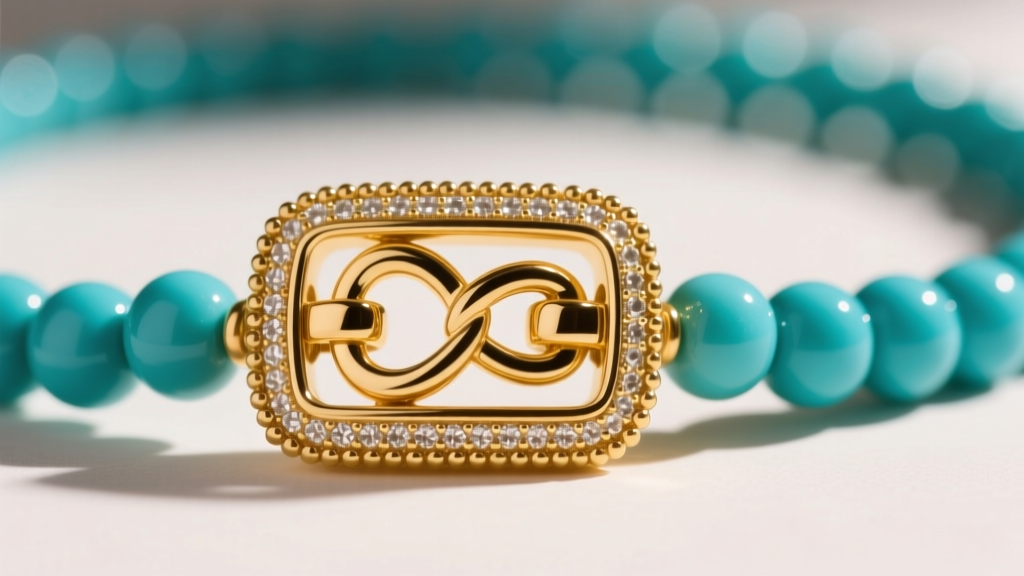 Close-up of a 14k gold box clasp with a figure-8 safety catch on a turquoise tennis necklace showing fine milgrain edge detailing