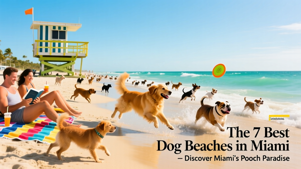 Hollywood Dog Beach with lifeguard towers visible, dogs playing in waves, and pet parents relaxing on towels