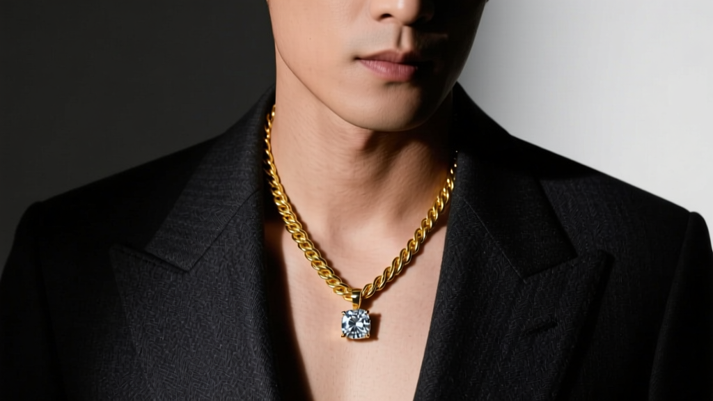 Man wearing a 4mm 18k yellow gold rope chain with a bezel-set diamond pendant against a dark suit in moody studio lighting.