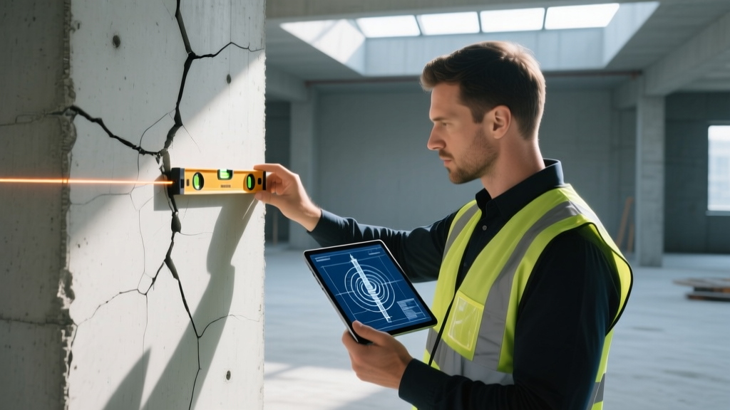 Structural engineer inspecting a cracked concrete stem wall with a laser level while reviewing helical pier blueprints on a tablet.