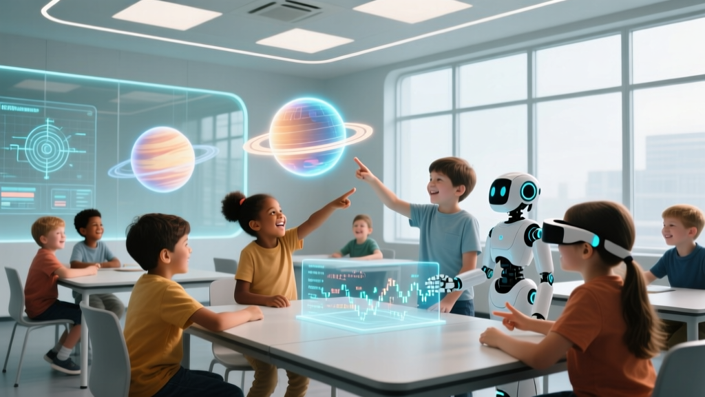 A diverse group of children interacting with augmented reality educational holograms and AI robot companions in a modern 2026 classroom setting.