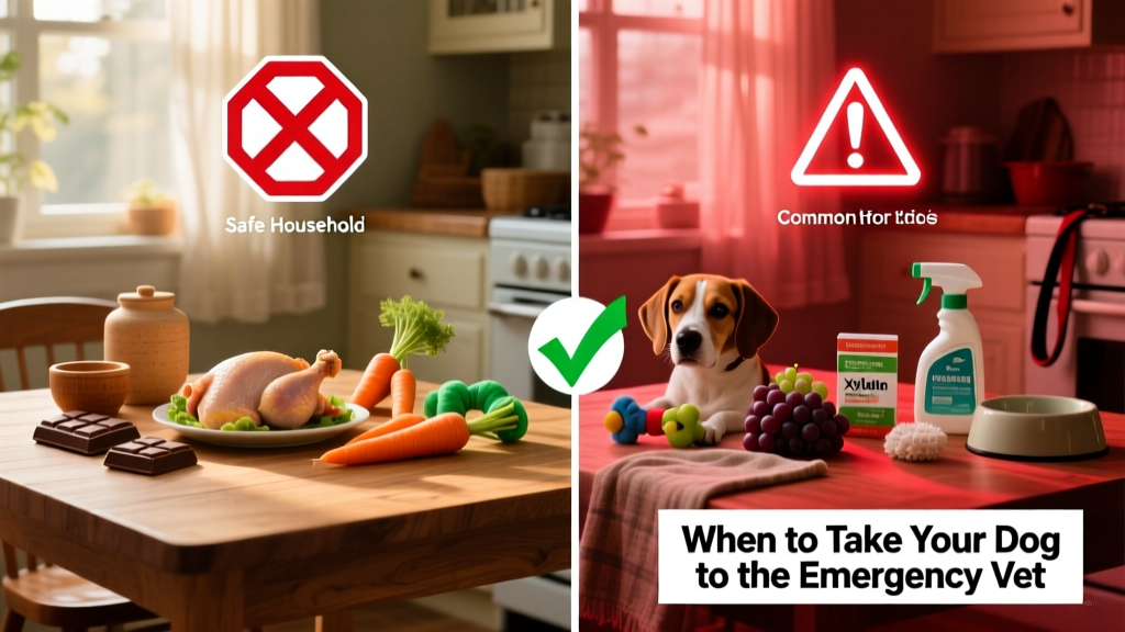 Side-by-side comparison: safe household items versus common toxic substances for dogs, with clear warning icons