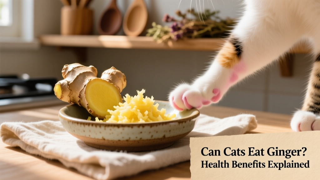 Close-up of fresh ginger root sliced and grated beside a small ceramic dish, with a cat’s paw gently touching the edge