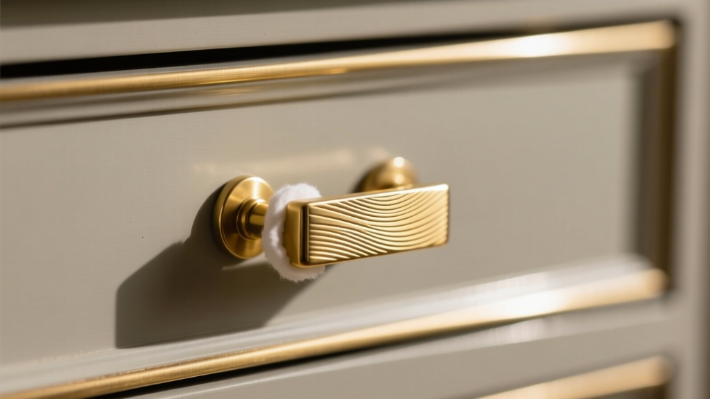 Macro shot of a brushed brass drawer pull on a jewelry armoire, carefully polished with a soft cotton swab and conservator wax.