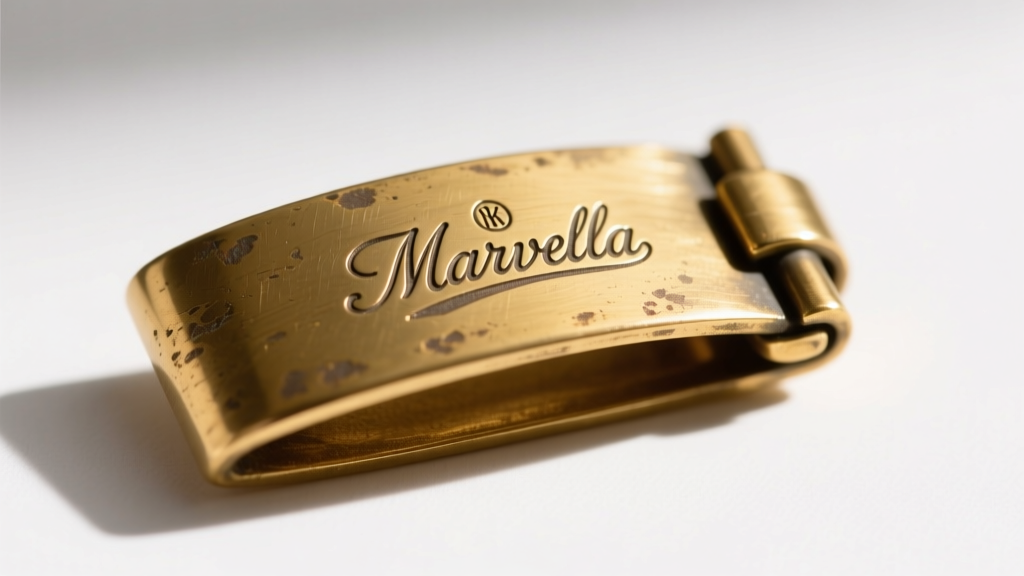 Macro shot of a vintage jewelry clasp showing the stamped Marvella script hallmark on a gold-tone brass fold-over clasp.