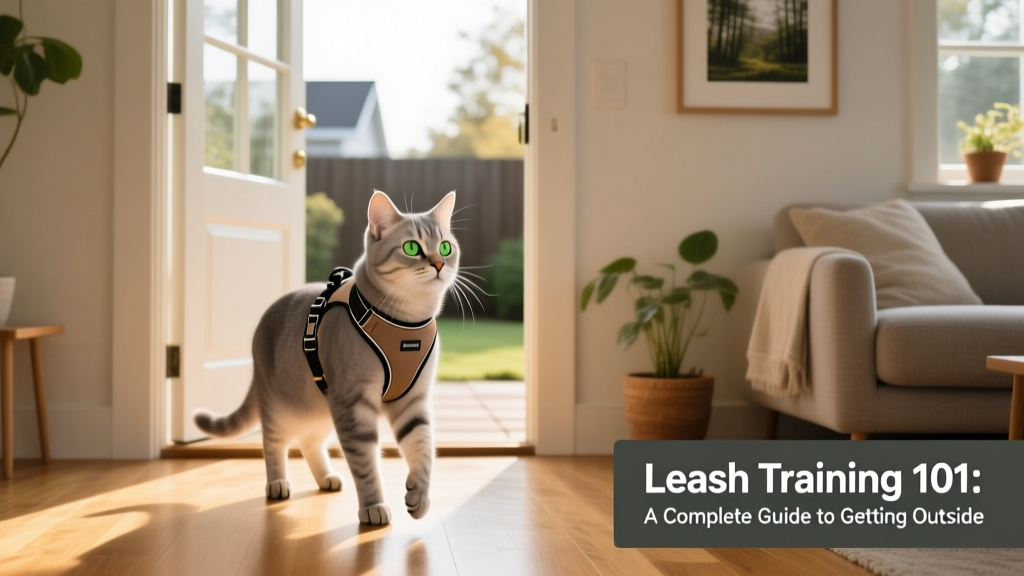 A calm, curious cat wearing a well-fitted harness indoors, looking toward an open door