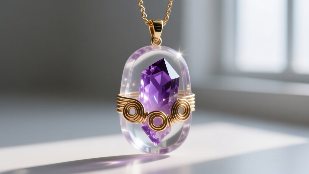 Close-up of an orgonite pendant showing suspended brass coils and amethyst crystals embedded in clear, UV-resistant epoxy resin
