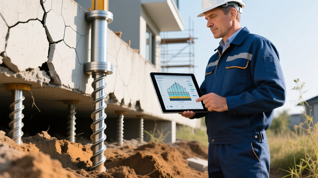 Engineer with tablet inspecting steel helical piers driven into soil beside a cracked residential concrete foundation wall