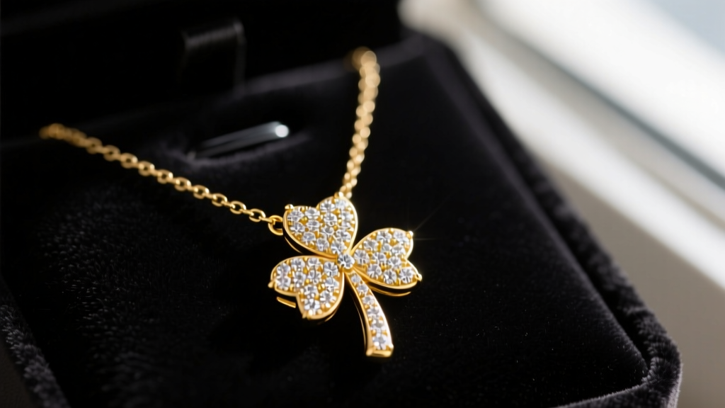 Close-up of an 18k yellow gold four leaf clover diamond necklace on dark velvet, highlighting micro-pave diamond detailing.