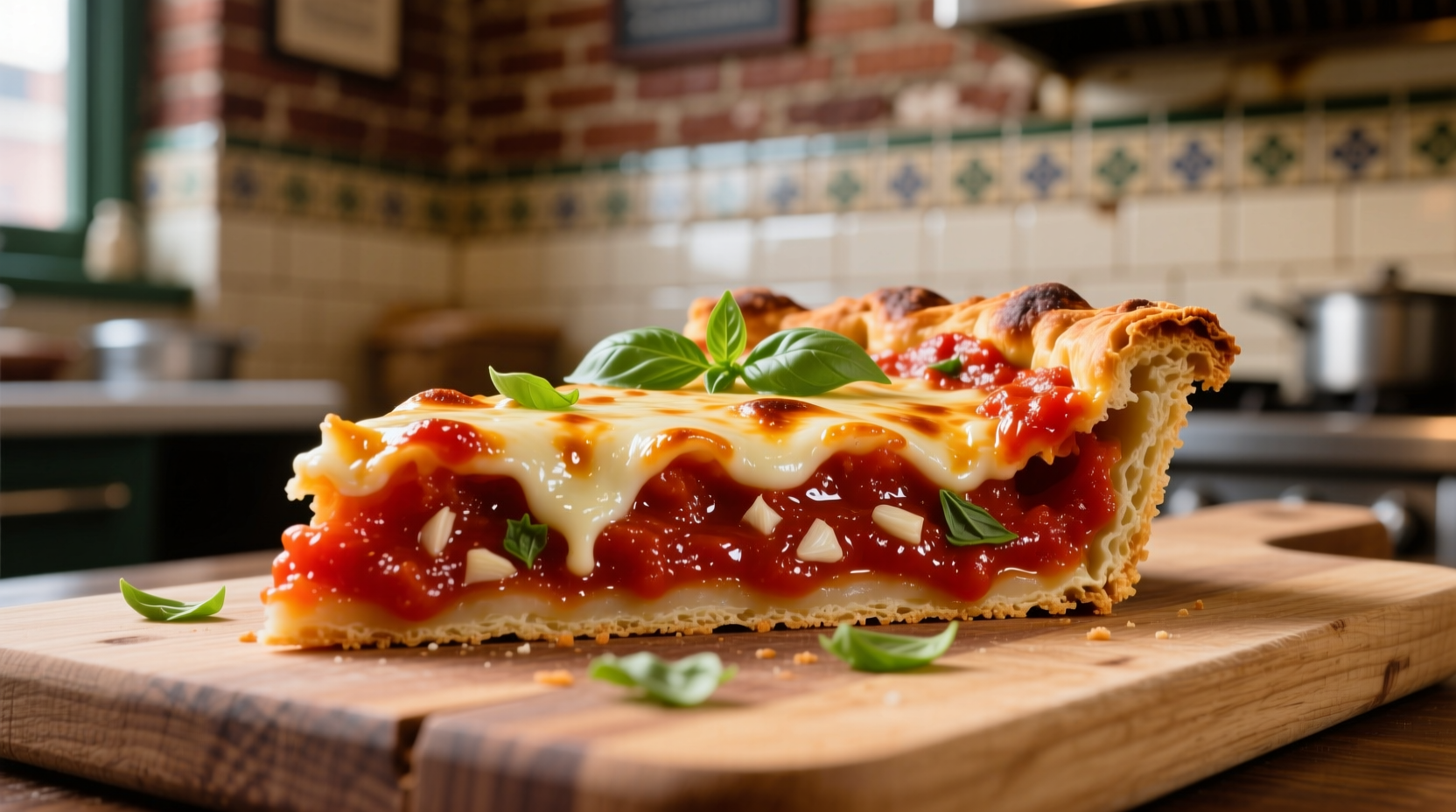 Philadelphia tomato pie slice with vibrant red sauce