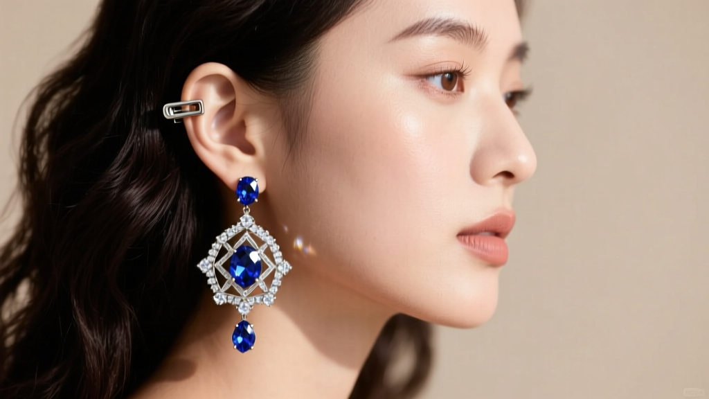 Side profile of a woman wearing a converted heavy crystal chandelier clip-on earring, showing a secure fit on an unpierced lobe