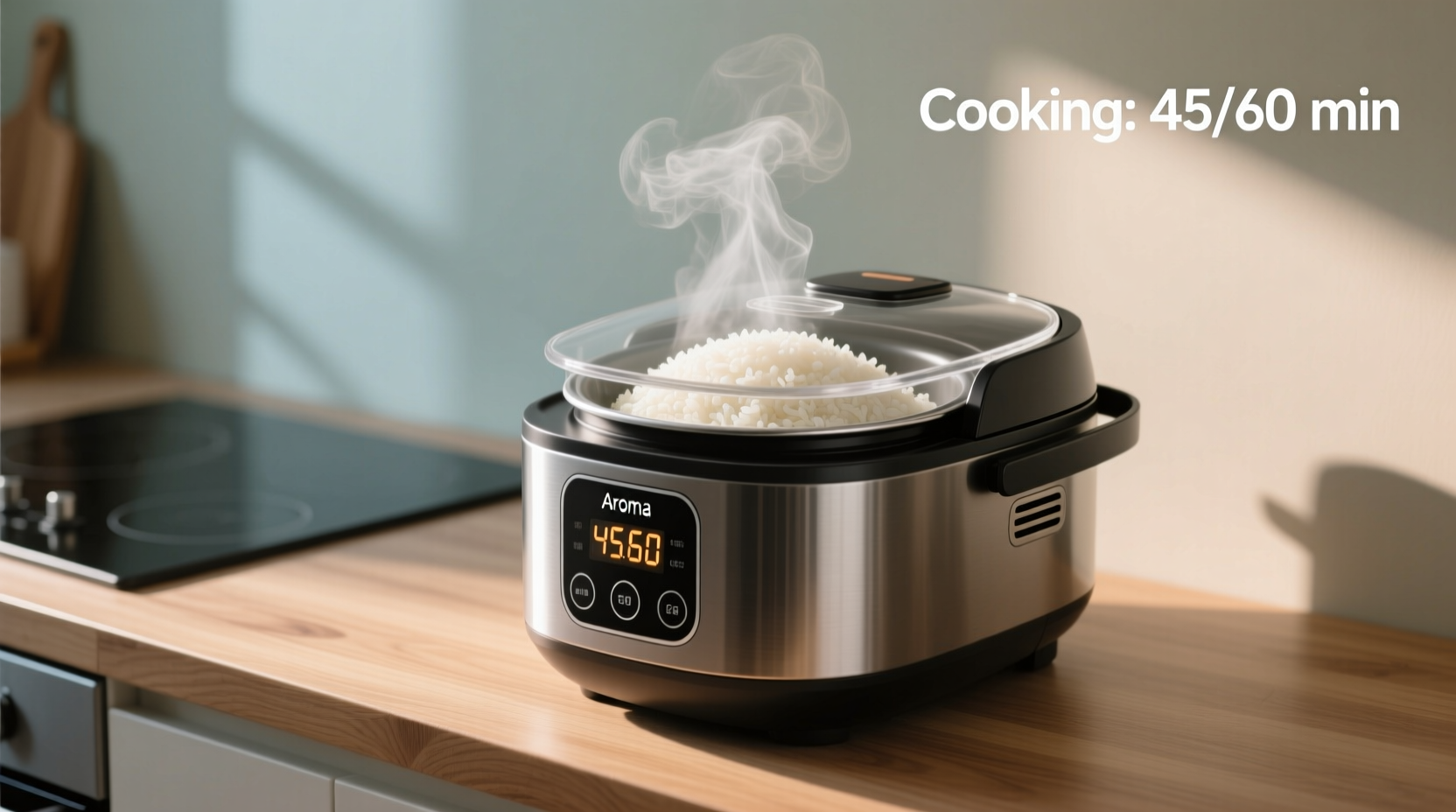 Aroma rice cooker showing cooking progress