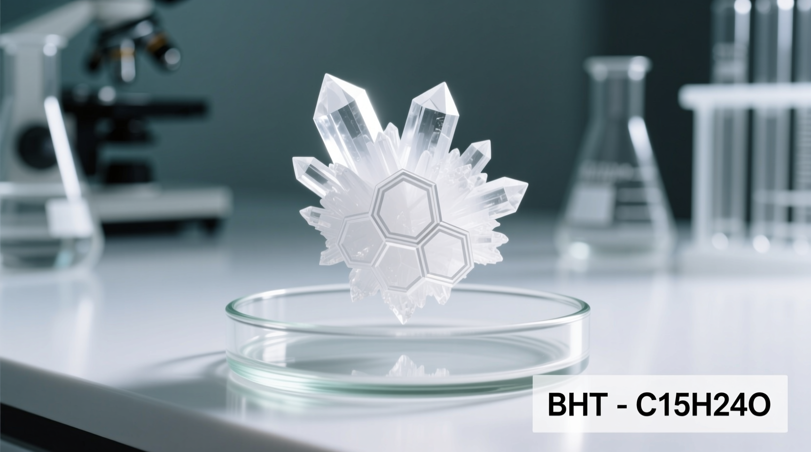 Close-up of BHT crystals under laboratory conditions