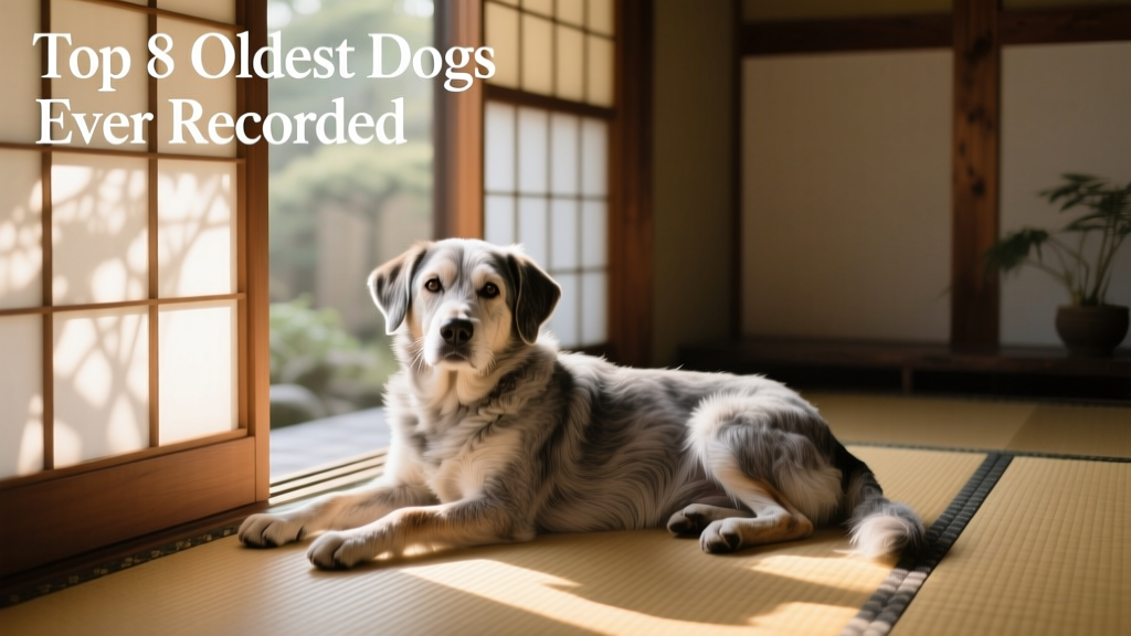 A serene elderly mixed-breed dog lying on a tatami mat beside a traditional Japanese window, softly lit by morning light