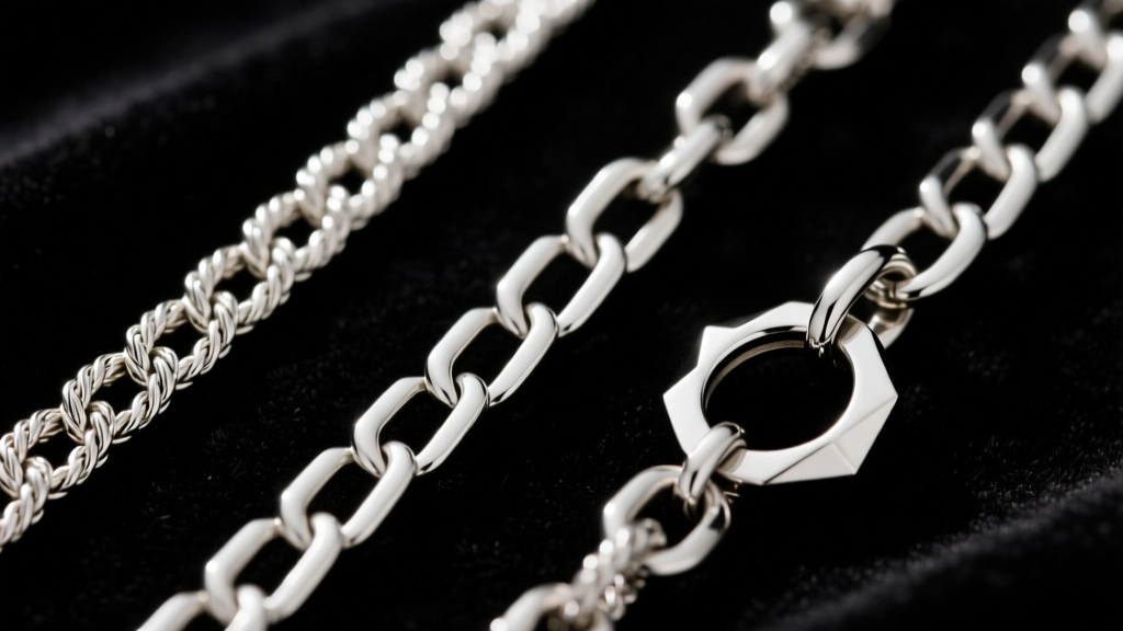 Macro view of silver chains on black velvet showing a woven rope texture, smooth box links, and a rigid omega segment side by side.