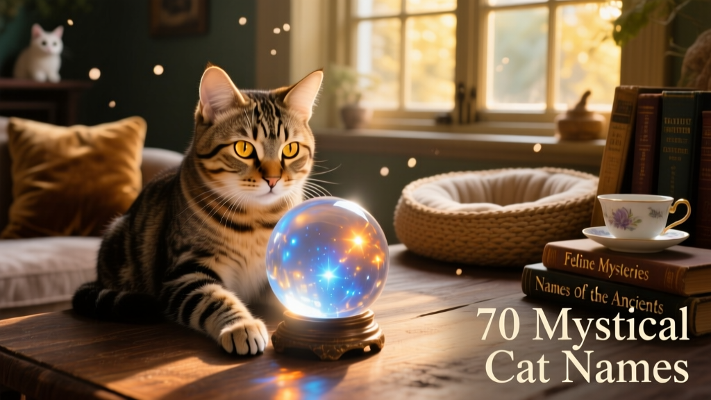 A mystical tabby cat looking into a glowing crystal ball