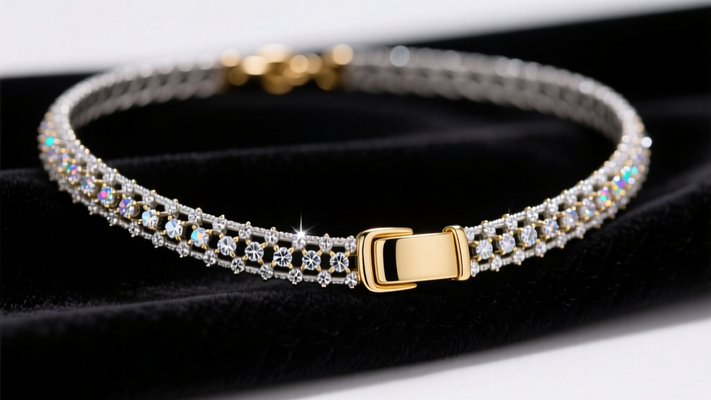 Close-up of a flexible diamond mesh necklace draped over dark velvet, highlighting starry pave settings and a polished gold clasp.