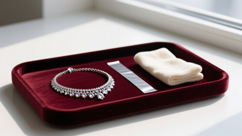 Velvet tray showing a delicate crave necklace laid flat next to an anti-tarnish strip and a soft microfiber polishing cloth