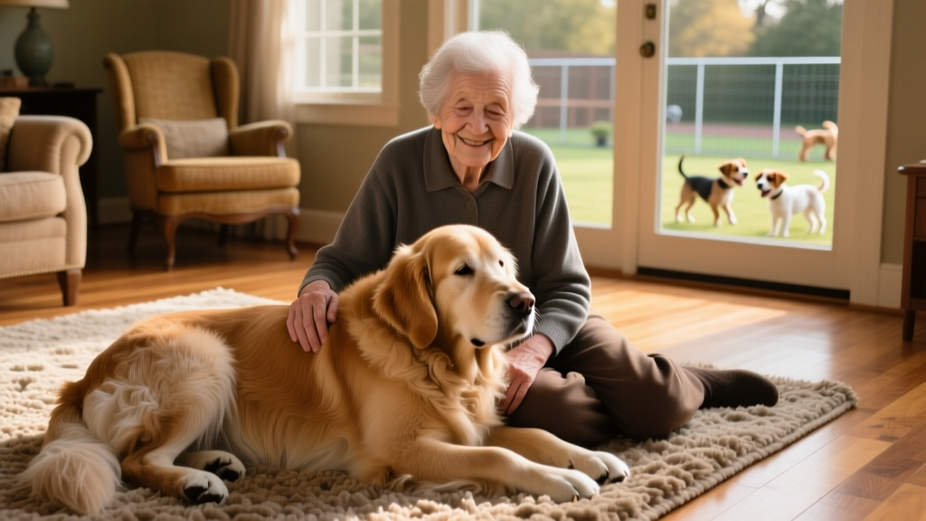 Golden Retriever resting peacefully beside her owner on a cozy rug, both looking content and connected