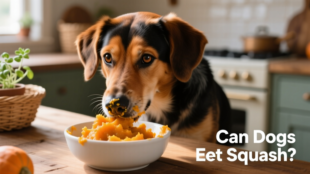 Brown and black dog eating plain, mashed butternut squash from a bowl