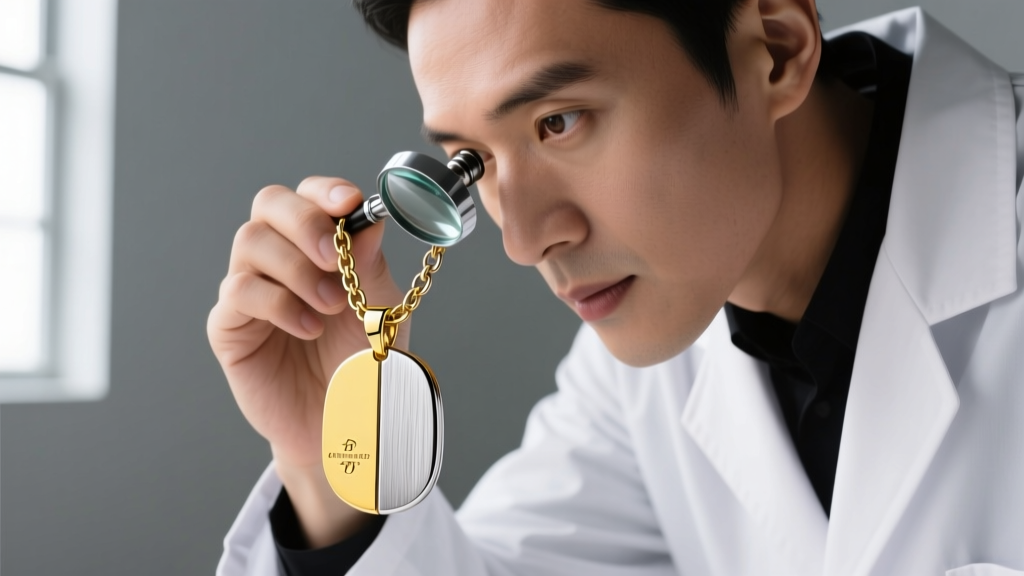Jeweler using a loupe to inspect the hallmarks and link joints on a mixed metal yellow gold and platinum two tone pendant