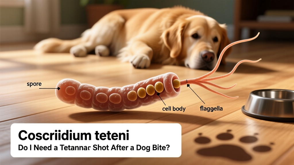 Illustration of tetanus bacteria (Clostridium tetani) with spores, labeled for educational clarity