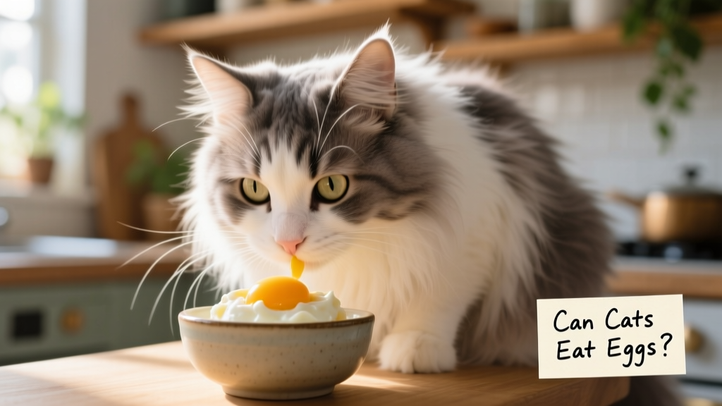 A close-up of a fluffy cat sniffing a small bowl of plain, scrambled eggs