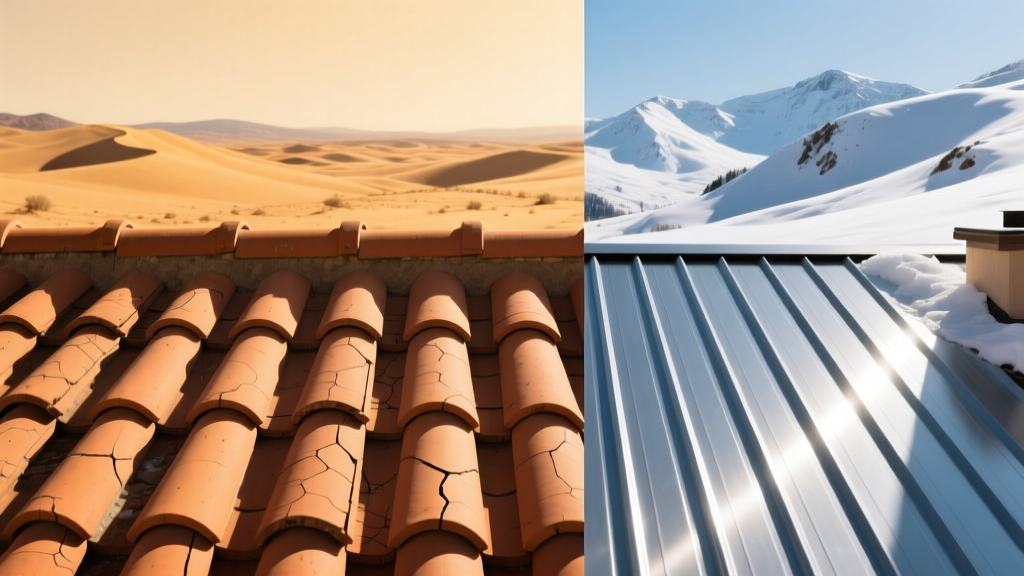 Split architectural view of a terracotta clay tile roof in a sunny desert beside a snowy standing seam metal roof.