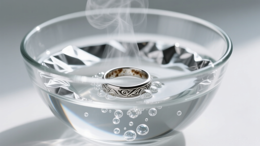 Glass bowl lined with foil and hot water, showing a submerged silver ring bubbling during an electrochemical cleaning process.