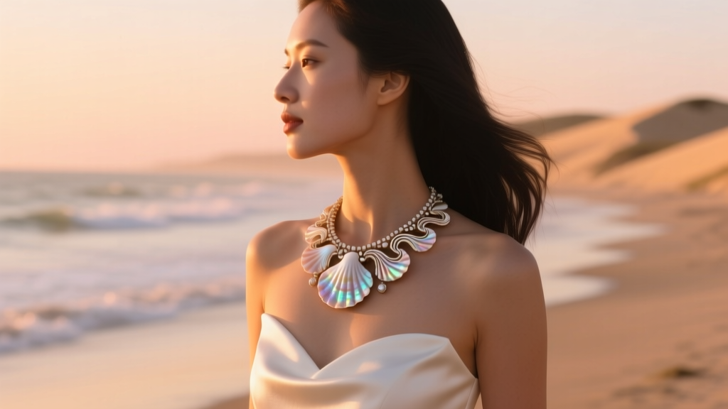 A woman wearing a bold seashell statement necklace over a white sweetheart neckline dress, captured in golden hour side-profile.