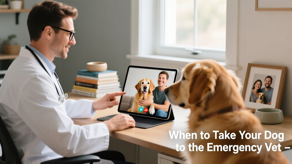 Veterinarian conducting a calm, focused telehealth video consultation with a pet owner and dog visible on screen