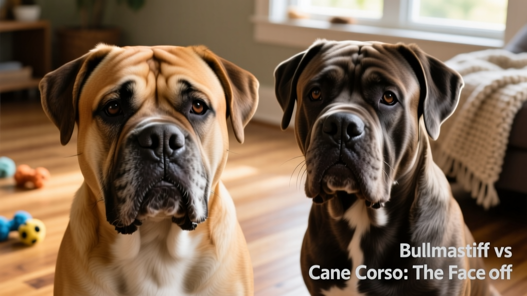 Close-up portrait showing facial differences: Bullmastiff's shorter muzzle and wrinkles versus Cane Corso's longer, defined jawline