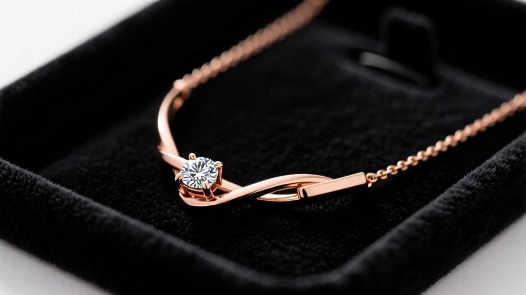 Close-up of an 18k rose gold Messika Move necklace sliding diamond motif resting on a dark velvet jewelry cleaning tray.