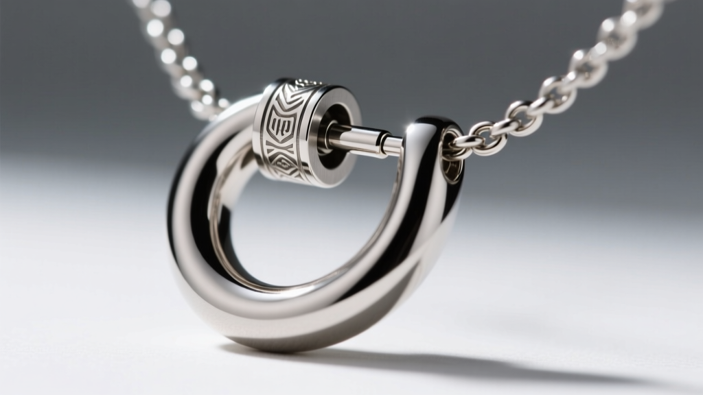 Macro shot of a brushed titanium torc necklace hinge mechanism, revealing precision-machined pin and secure locking barrel clasp