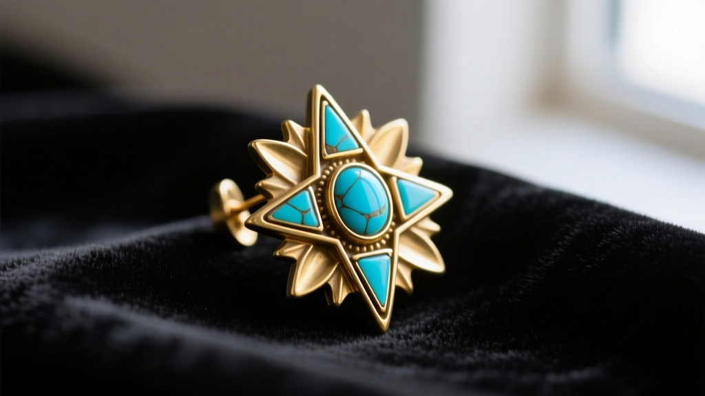 Close-up macro photography of a vintage 1970s brass sunburst earring with genuine turquoise inlay, resting on dark velvet fabric