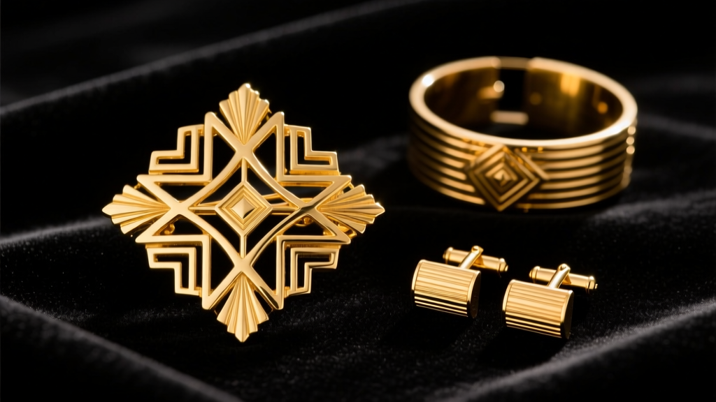 Vintage Krementz Art Deco gold brooch and rolled gold cufflinks resting on dark velvet under warm soft directional studio light