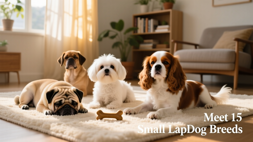 A diverse group of small dogs — including a Pug, Maltese, and Cavalier — relaxing together on a plush rug in a sunlit home