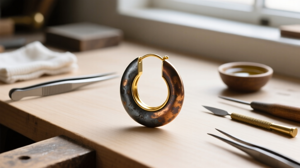 Craftsman workbench showing a 14-gauge continuous gold hoop earring treated with liver of sulfur to create an aged antique patina